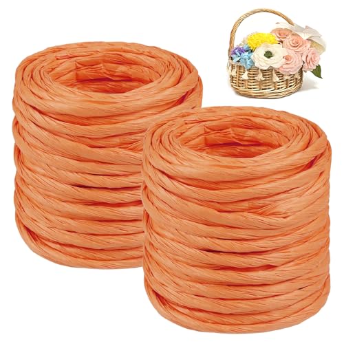 CAMAL 2PCS Raffia Bastband Natur, 24m Naturbast Papierdraht zum Basteln, Robust Krepppapier Rollen zum Papierblumen, Raffia Geschenkband Bast zum Blumenkorb, DIY-Dekoration (Orangegelb) von CAMAL