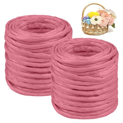CAMAL 2PCS Raffia Bastband Natur, 24m Naturbast Papierdraht zum Basteln, Robust Krepppapier Rollen zum Papierblumen, Raffia Geschenkband Bast zum Blumenkorb, DIY-Dekoration (Rosa) von CAMAL