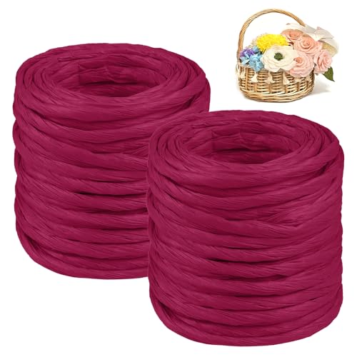 CAMAL 2PCS Raffia Bastband Natur, 24m Naturbast Papierdraht zum Basteln, Robust Krepppapier Rollen zum Papierblumen, Raffia Geschenkband Bast zum Blumenkorb, DIY-Dekoration (Rosarot) von CAMAL