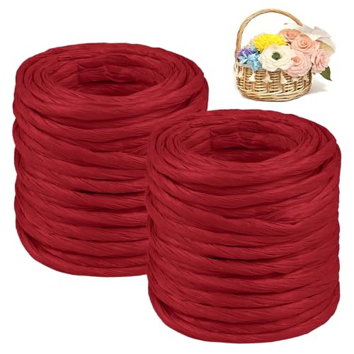 CAMAL 2PCS Raffia Bastband Natur, 24m Naturbast Papierdraht zum Basteln, Robust Krepppapier Rollen zum Papierblumen, Raffia Geschenkband Bast zum Blumenkorb, DIY-Dekoration (Rot) von CAMAL