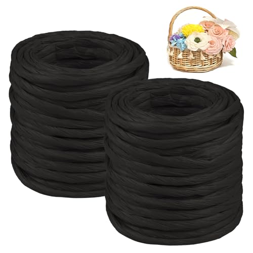 CAMAL 2PCS Raffia Bastband Natur, 24m Naturbast Papierdraht zum Basteln, Robust Krepppapier Rollen zum Papierblumen, Raffia Geschenkband Bast zum Blumenkorb, DIY-Dekoration (Schwarz) von CAMAL