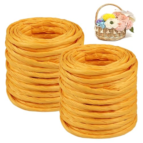 CAMAL 2PCS Raffia Bastband Natur, 24m Naturbast Papierdraht zum Basteln, Robust Krepppapier Rollen zum Papierblumen, Raffia Geschenkband Bast zum Blumenkorb, DIY-Dekoration (Tiefgelb) von CAMAL
