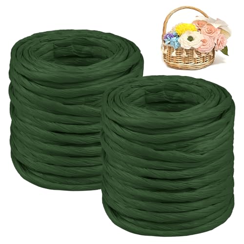 CAMAL 2PCS Raffia Bastband Natur, 24m Naturbast Papierdraht zum Basteln, Robust Krepppapier Rollen zum Papierblumen, Raffia Geschenkband Bast zum Blumenkorb, DIY-Dekoration (Tiefgrün) von CAMAL