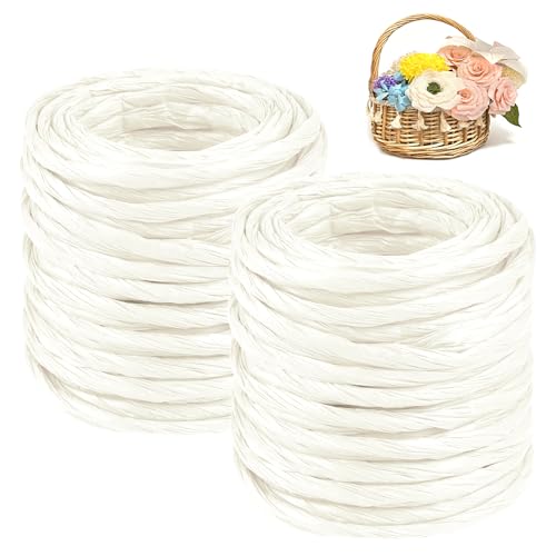 CAMAL 2PCS Raffia Bastband Natur, 24m Naturbast Papierdraht zum Basteln, Robust Krepppapier Rollen zum Papierblumen, Raffia Geschenkband Bast zum Blumenkorb, DIY-Dekoration (Weiß) von CAMAL