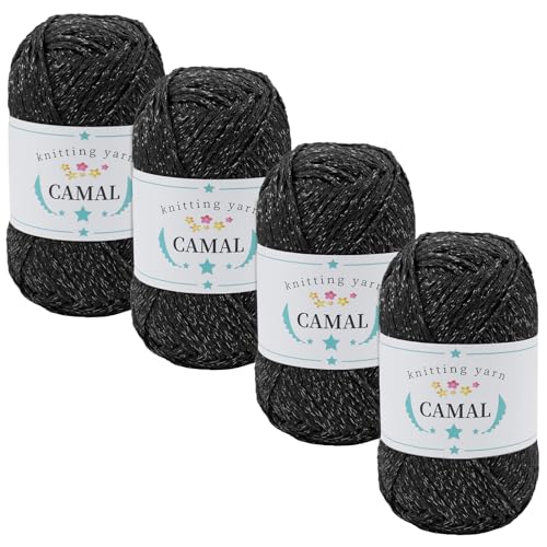 CAMAL 4 Stück Baumwolle zum Häkeln, 400g Glitzern Häkelwolle Baumwolle für Taschen Weich Funkelnd Tshirt Garn für Häkel & Strickgarn, Metallic Häkelgarn für DIY Handtasche (Schwarz Silber) von CAMAL