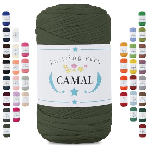CAMAL 400g Tshirt Garn, Textilgarn zum Häkeln für Körbe 150m Dicke Bändchengarn zum Häkeln Taschen, Häkelgarn T Shirt Garn für Decken Wandbehang Heimdekoration (Armeegrün) von CAMAL