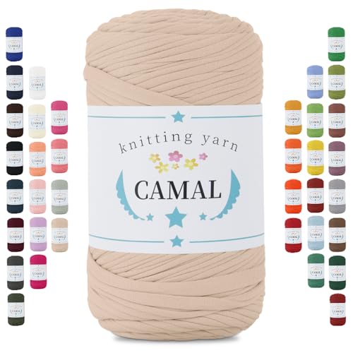 CAMAL 400g Tshirt Garn, Textilgarn zum Häkeln für Körbe 150m Dicke Bändchengarn zum Häkeln Taschen, Häkelgarn T Shirt Garn für Decken Wandbehang Heimdekoration (Beige Aprikose) von CAMAL