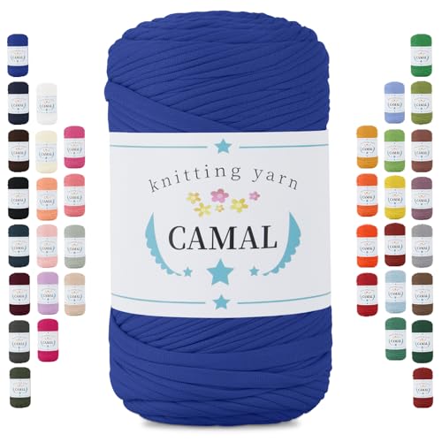 CAMAL 400g Tshirt Garn, Textilgarn zum Häkeln für Körbe 150m Dicke Bändchengarn zum Häkeln Taschen, Häkelgarn T Shirt Garn für Decken Wandbehang Heimdekoration (Blau) von CAMAL