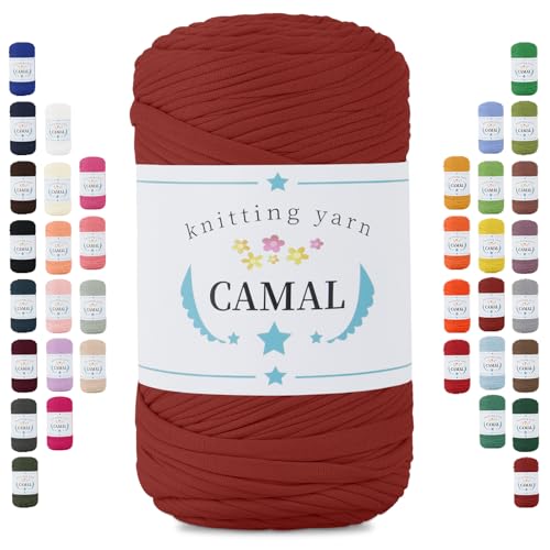 CAMAL 400g Tshirt Garn, Textilgarn zum Häkeln für Körbe 150m Dicke Bändchengarn zum Häkeln Taschen, Häkelgarn T Shirt Garn für Decken Wandbehang Heimdekoration (Bohnenpaste Rot) von CAMAL