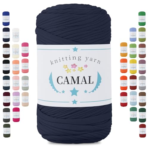 CAMAL 400g Tshirt Garn, Textilgarn zum Häkeln für Körbe 150m Dicke Bändchengarn zum Häkeln Taschen, Häkelgarn T Shirt Garn für Decken Wandbehang Heimdekoration (Dunkelblau) von CAMAL