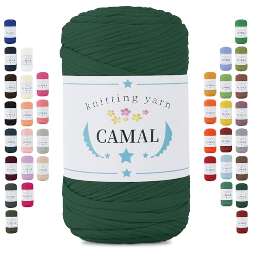CAMAL 400g Tshirt Garn, Textilgarn zum Häkeln für Körbe 150m Dicke Bändchengarn zum Häkeln Taschen, Häkelgarn T Shirt Garn für Decken Wandbehang Heimdekoration (Dunkelgrün) von CAMAL