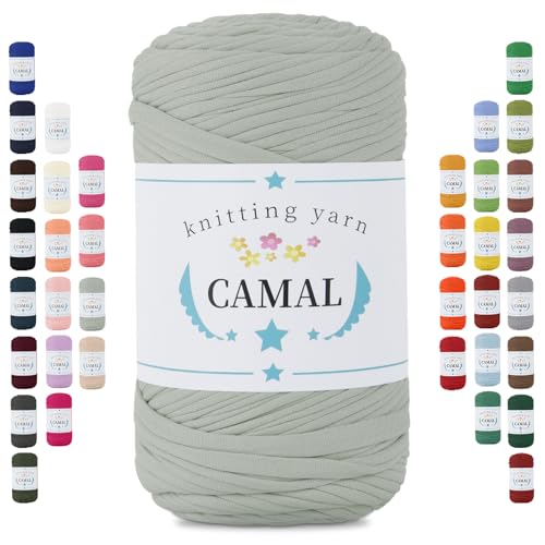 CAMAL 400g Tshirt Garn, Textilgarn zum Häkeln für Körbe 150m Dicke Bändchengarn zum Häkeln Taschen, Häkelgarn T Shirt Garn für Decken Wandbehang Heimdekoration (Erbsengrün) von CAMAL