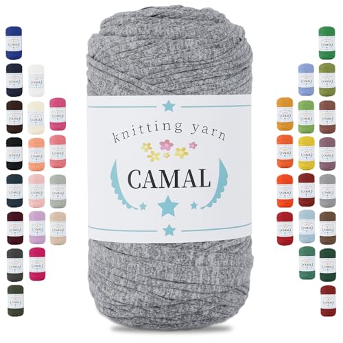 CAMAL 400g Tshirt Garn, Textilgarn zum Häkeln für Körbe 150m Dicke Bändchengarn zum Häkeln Taschen, Häkelgarn T Shirt Garn für Decken Wandbehang Heimdekoration (Fancy Grau) von CAMAL