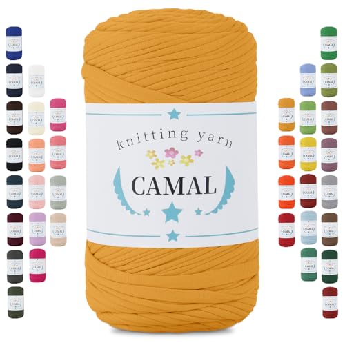 CAMAL 400g Tshirt Garn, Textilgarn zum Häkeln für Körbe 150m Dicke Bändchengarn zum Häkeln Taschen, Häkelgarn T Shirt Garn für Decken Wandbehang Heimdekoration (Gelb) von CAMAL