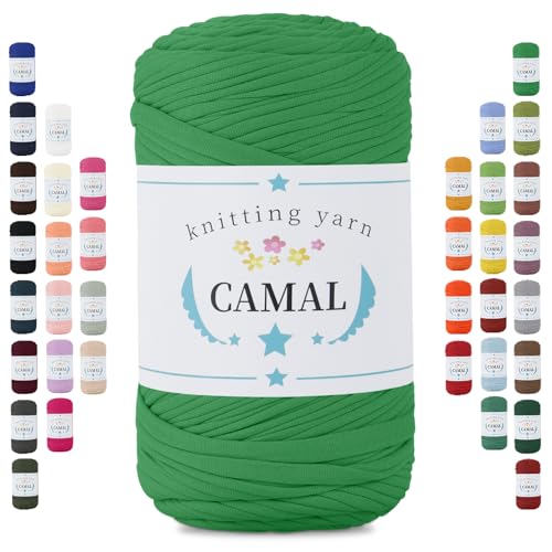 CAMAL 400g Tshirt Garn, Textilgarn zum Häkeln für Körbe 150m Dicke Bändchengarn zum Häkeln Taschen, Häkelgarn T Shirt Garn für Decken Wandbehang Heimdekoration (Grasgrün) von CAMAL