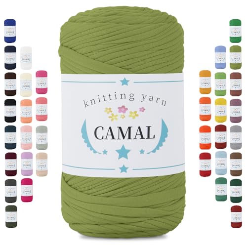 CAMAL 400g Tshirt Garn, Textilgarn zum Häkeln für Körbe 150m Dicke Bändchengarn zum Häkeln Taschen, Häkelgarn T Shirt Garn für Decken Wandbehang Heimdekoration (Grün) von CAMAL
