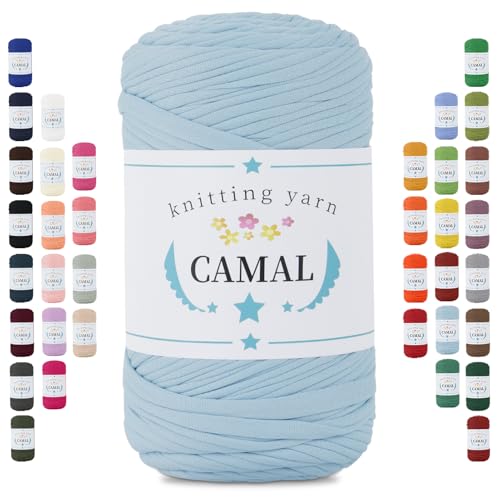 CAMAL 400g Tshirt Garn, Textilgarn zum Häkeln für Körbe 150m Dicke Bändchengarn zum Häkeln Taschen, Häkelgarn T Shirt Garn für Decken Wandbehang Heimdekoration (Hellblau) von CAMAL