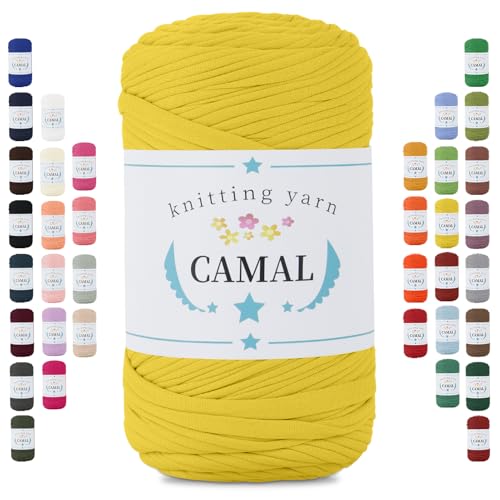 CAMAL 400g Tshirt Garn, Textilgarn zum Häkeln für Körbe 150m Dicke Bändchengarn zum Häkeln Taschen, Häkelgarn T Shirt Garn für Decken Wandbehang Heimdekoration (Helles Gelb) von CAMAL