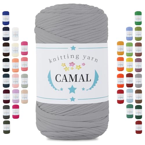 CAMAL 400g Tshirt Garn, Textilgarn zum Häkeln für Körbe 150m Dicke Bändchengarn zum Häkeln Taschen, Häkelgarn T Shirt Garn für Decken Wandbehang Heimdekoration (Hellgrau) von CAMAL