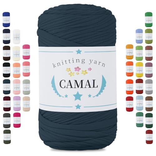 CAMAL 400g Tshirt Garn, Textilgarn zum Häkeln für Körbe 150m Dicke Bändchengarn zum Häkeln Taschen, Häkelgarn T Shirt Garn für Decken Wandbehang Heimdekoration (Jeans Blau) von CAMAL