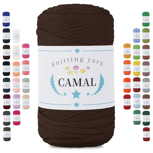 CAMAL 400g Tshirt Garn, Textilgarn zum Häkeln für Körbe 150m Dicke Bändchengarn zum Häkeln Taschen, Häkelgarn T Shirt Garn für Decken Wandbehang Heimdekoration (Kaffee) von CAMAL