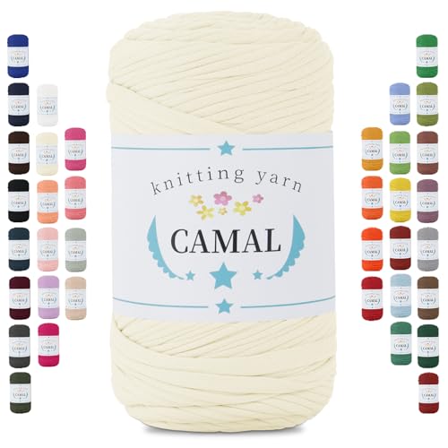 CAMAL 400g Tshirt Garn, Textilgarn zum Häkeln für Körbe 150m Dicke Bändchengarn zum Häkeln Taschen, Häkelgarn T Shirt Garn für Decken Wandbehang Heimdekoration (Milch Weiß) von CAMAL