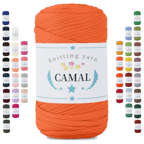 CAMAL 400g Tshirt Garn, Textilgarn zum Häkeln für Körbe 150m Dicke Bändchengarn zum Häkeln Taschen, Häkelgarn T Shirt Garn für Decken Wandbehang Heimdekoration (Orange Gelb) von CAMAL