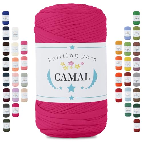 CAMAL 400g Tshirt Garn, Textilgarn zum Häkeln für Körbe 150m Dicke Bändchengarn zum Häkeln Taschen, Häkelgarn T Shirt Garn für Decken Wandbehang Heimdekoration (Rosenrot) von CAMAL
