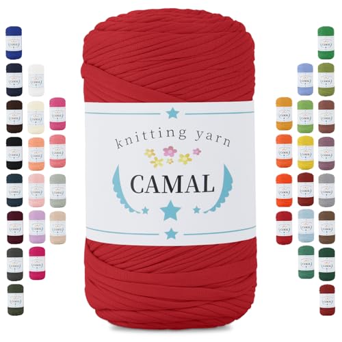 CAMAL 400g Tshirt Garn, Textilgarn zum Häkeln für Körbe 150m Dicke Bändchengarn zum Häkeln Taschen, Häkelgarn T Shirt Garn für Decken Wandbehang Heimdekoration (Rot) von CAMAL