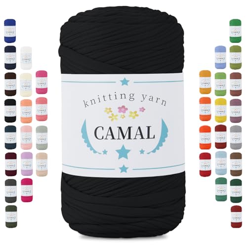 CAMAL 400g Tshirt Garn, Textilgarn zum Häkeln für Körbe 150m Dicke Bändchengarn zum Häkeln Taschen, Häkelgarn T Shirt Garn für Decken Wandbehang Heimdekoration (Schwarz) von CAMAL
