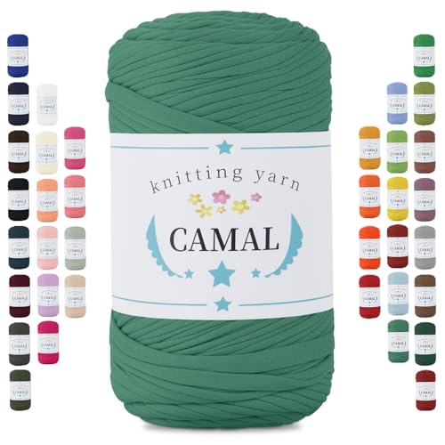 CAMAL 400g Tshirt Garn, Textilgarn zum Häkeln für Körbe 150m Dicke Bändchengarn zum Häkeln Taschen, Häkelgarn T Shirt Garn für Decken Wandbehang Heimdekoration (Seegrün) von CAMAL