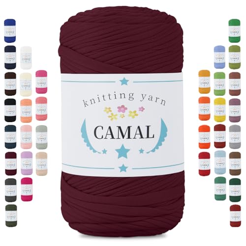 CAMAL 400g Tshirt Garn, Textilgarn zum Häkeln für Körbe 150m Dicke Bändchengarn zum Häkeln Taschen, Häkelgarn T Shirt Garn für Decken Wandbehang Heimdekoration (Weinrot) von CAMAL