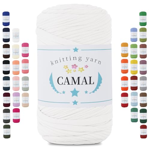 CAMAL 400g Tshirt Garn, Textilgarn zum Häkeln für Körbe 150m Dicke Bändchengarn zum Häkeln Taschen, Häkelgarn T Shirt Garn für Decken Wandbehang Heimdekoration (Weiß) von CAMAL