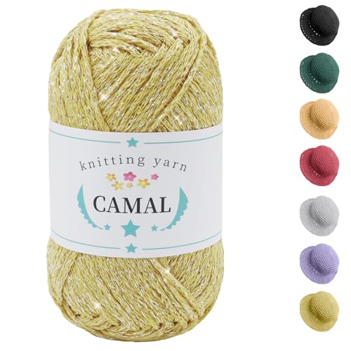 CAMAL Baumwolle zum Häkeln, 100g / 140m Glitzern Häkelwolle Baumwolle für Taschen Weich Funkelnd Tshirt Garn für Häkel & Strickgarn, Metallic Häkelgarn für DIY Handtasche (Hellgelb Silber) von CAMAL