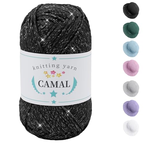 CAMAL Baumwolle zum Häkeln, 100g / 140m Glitzern Häkelwolle Baumwolle für Taschen Weich Funkelnd Tshirt Garn für Häkel & Strickgarn, Metallic Häkelgarn für DIY Handtasche (Schwarz Silber) von CAMAL
