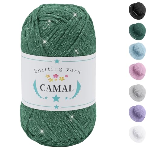 CAMAL Baumwolle zum Häkeln, 100g / 140m Glitzern Häkelwolle Baumwolle für Taschen Weich Funkelnd Tshirt Garn für Häkel & Strickgarn, Metallic Häkelgarn für DIY Handtasche (Silber Grün) von CAMAL