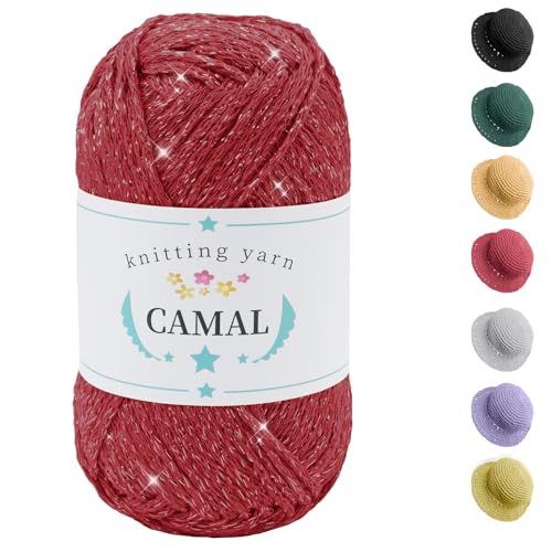 CAMAL Baumwolle zum Häkeln, 100g / 140m Glitzern Häkelwolle Baumwolle für Taschen Weich Funkelnd Tshirt Garn für Häkel & Strickgarn, Metallic Häkelgarn für DIY Handtasche (Silber Rot) von CAMAL