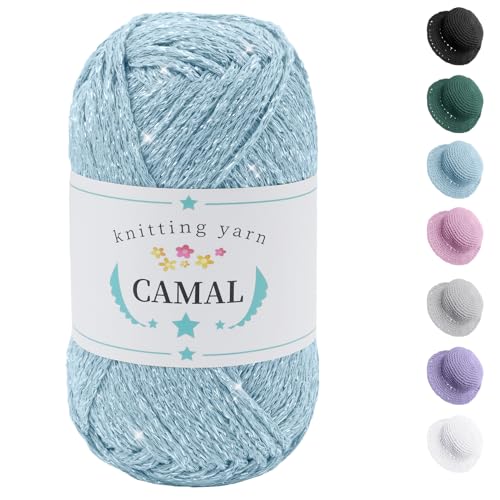 CAMAL Baumwolle zum Häkeln, 100g / 140m Glitzern Häkelwolle Baumwolle für Taschen Weich Funkelnd Tshirt Garn für Häkel & Strickgarn, Metallic Häkelgarn für DIY Handtasche (Silberseeblau) von CAMAL