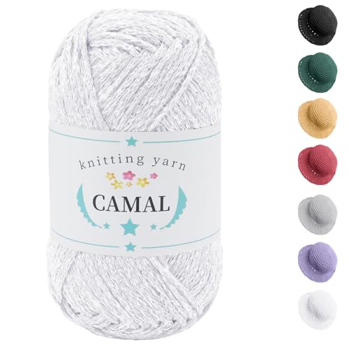CAMAL Baumwolle zum Häkeln, 100g / 140m Glitzern Häkelwolle Baumwolle für Taschen Weich Funkelnd Tshirt Garn für Häkel & Strickgarn, Metallic Häkelgarn für DIY Handtasche (Weiß Silber) von CAMAL