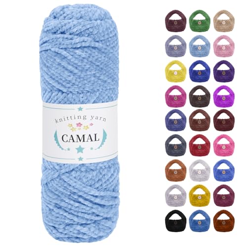 CAMAL Chenille Wolle zum Häkeln Fleece Decke, 120m Kuschelwolle zum Stricken Pullover, 75g Velvet Chenille Garn Weich Plüschwolle Flauschige Wolle für Stricken DIY Handwerk (Himmelblau) von CAMAL