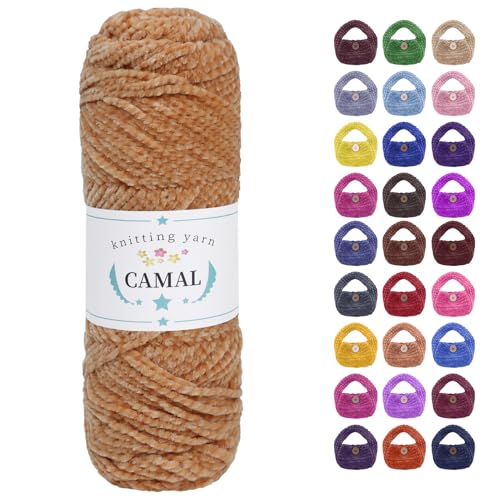 CAMAL Chenille Wolle zum Häkeln Fleece Decke, 120m Kuschelwolle zum Stricken Pullover, 75g Velvet Chenille Garn Weich Plüschwolle Flauschige Wolle für Stricken DIY Handwerk (Khaki) von CAMAL