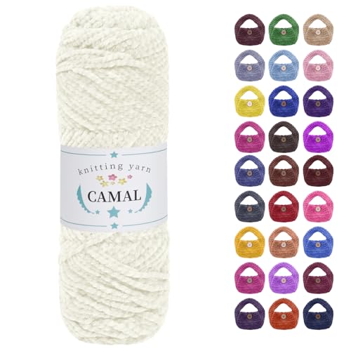 CAMAL Chenille Wolle zum Häkeln Fleece Decke, 120m Kuschelwolle zum Stricken Pullover, 75g Velvet Chenille Garn Weich Plüschwolle Flauschige Wolle für Stricken DIY Handwerk (Milchweiß) von CAMAL