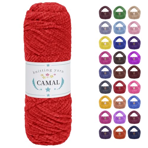 CAMAL Chenille Wolle zum Häkeln Fleece Decke, 120m Kuschelwolle zum Stricken Pullover, 75g Velvet Chenille Garn Weich Plüschwolle Flauschige Wolle für Stricken DIY Handwerk (Rot) von CAMAL