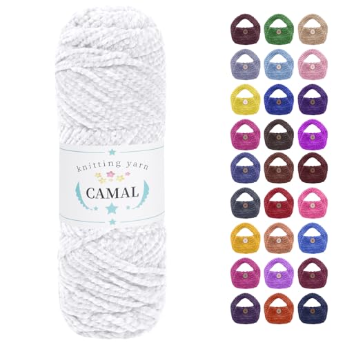 CAMAL Chenille Wolle zum Häkeln Fleece Decke, 120m Kuschelwolle zum Stricken Pullover, 75g Velvet Chenille Garn Weich Plüschwolle Flauschige Wolle für Stricken DIY Handwerk (Weiß) von CAMAL