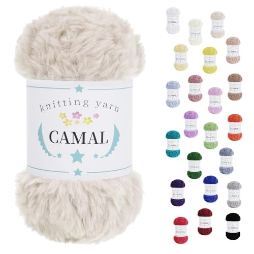 CAMAL Flauschige Wolle zum Häkeln Flauschig Schal Fluffy Plüschwolle 100g / 60m Weiche Fransengarn Chunky Wolle Kuschelwolle zum Stricken Mütze, Ohrenschützer, Puppen (Beige) von CAMAL
