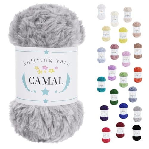 CAMAL Flauschige Wolle zum Häkeln Flauschig Schal Fluffy Plüschwolle 100g / 60m Weiche Fransengarn Chunky Wolle Kuschelwolle zum Stricken Mütze, Ohrenschützer, Puppen (Hellgrau) von CAMAL