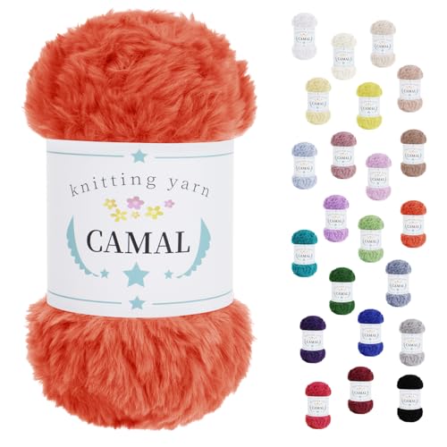 CAMAL Wolle für Taschen Häkeln, 100g / 60m Chenille Wolle Dick Garn Polyester Plüschwolle Chunky Yarn Häkelwolle zum Stricken Mütze, Ohrenschützer, Puppen (Orangerot) von CAMAL