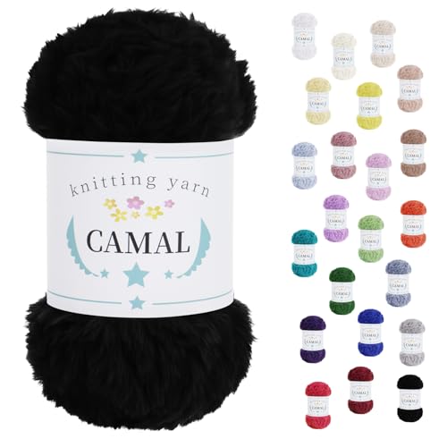 CAMAL Wolle für Taschen Häkeln, 100g / 60m Chenille Wolle Dick Garn Polyester Plüschwolle Chunky Yarn Häkelwolle zum Stricken Mütze, Ohrenschützer, Puppen (Schwarz) von CAMAL