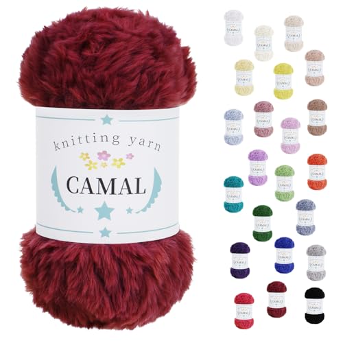 CAMAL Flauschige Wolle zum Häkeln Flauschig Schal Fluffy Plüschwolle 100g / 60m Weiche Fransengarn Chunky Wolle Kuschelwolle zum Stricken Mütze, Ohrenschützer, Puppen (Weinrot) von CAMAL