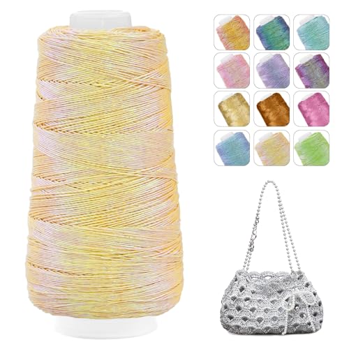 CAMAL Glitzer Makramee Garn 1mm x 475m Metallic-Garn zum Häkeln, 200g Luxuriöses Polyester Garn 3-lagiger Kern Häkelgarn für Taschen, Mützen, DIY Dekorationen (Buntes Gelb) von CAMAL